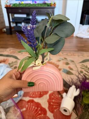 Handheld Pink Rainbow Ceramic Vase with Faux Lavender